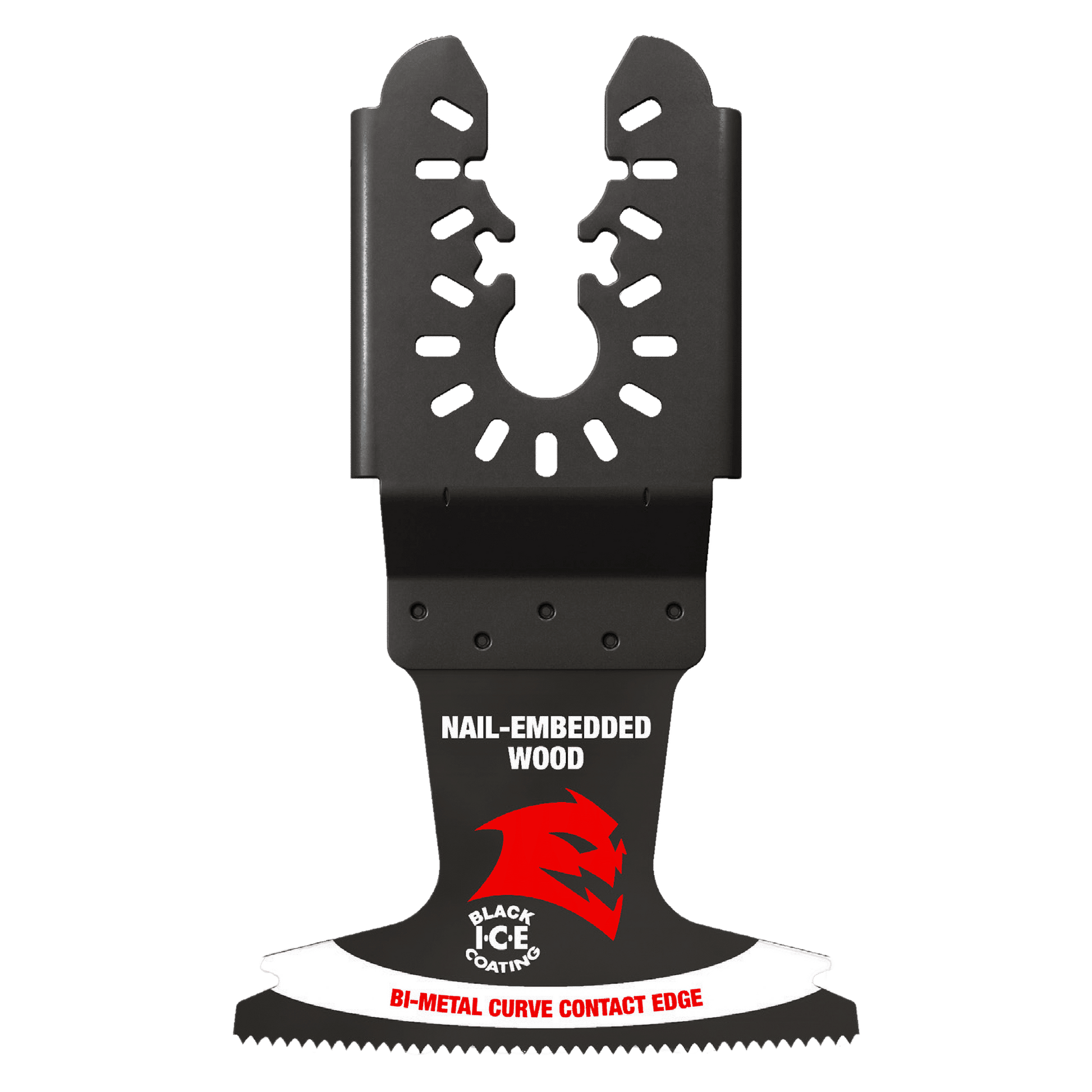 Black bi-metal oscillating blade with serrated cutting edge and multiple mounting slots for universal fit.