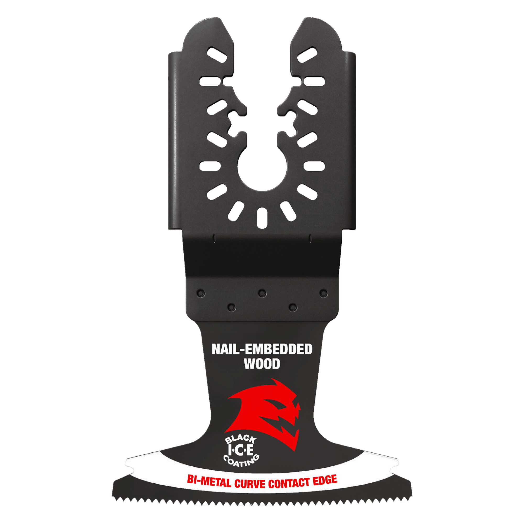 Black bi-metal oscillating blade with serrated cutting edge and multiple mounting slots for universal fit.