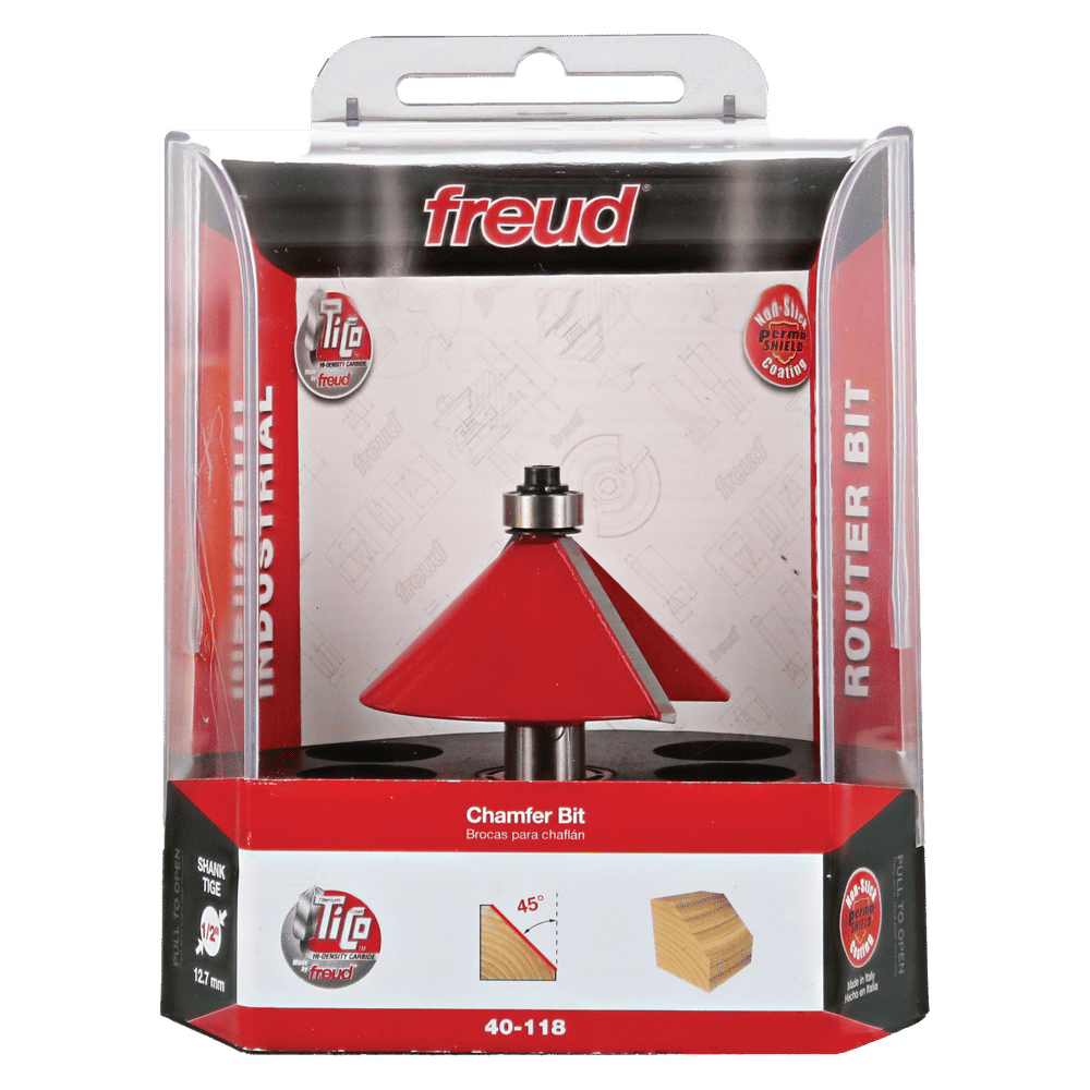 Red conical chamfer router bit with metal shank and black base in Freud packaging.