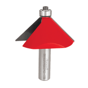 Metal router bit with red and black chamfer cutting head and silver steel shank labeled Freud.