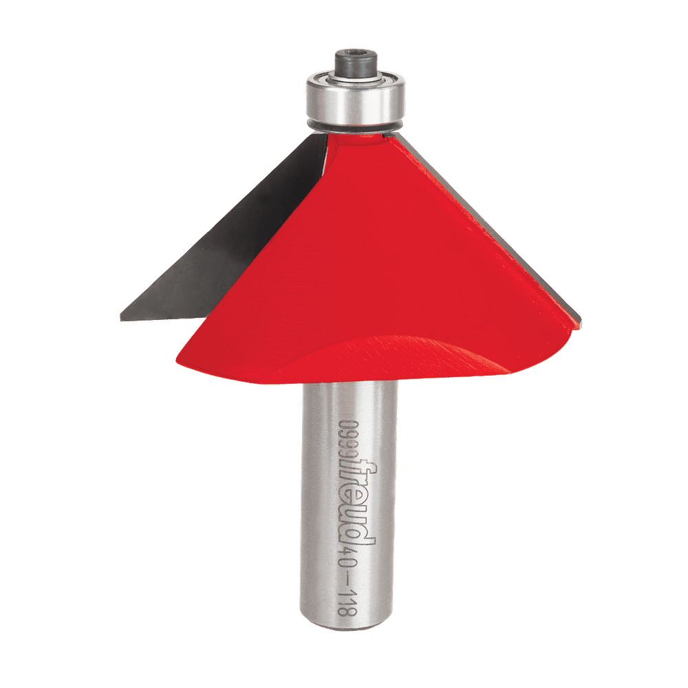 Metal router bit with red and black chamfer cutting head and silver steel shank labeled Freud.