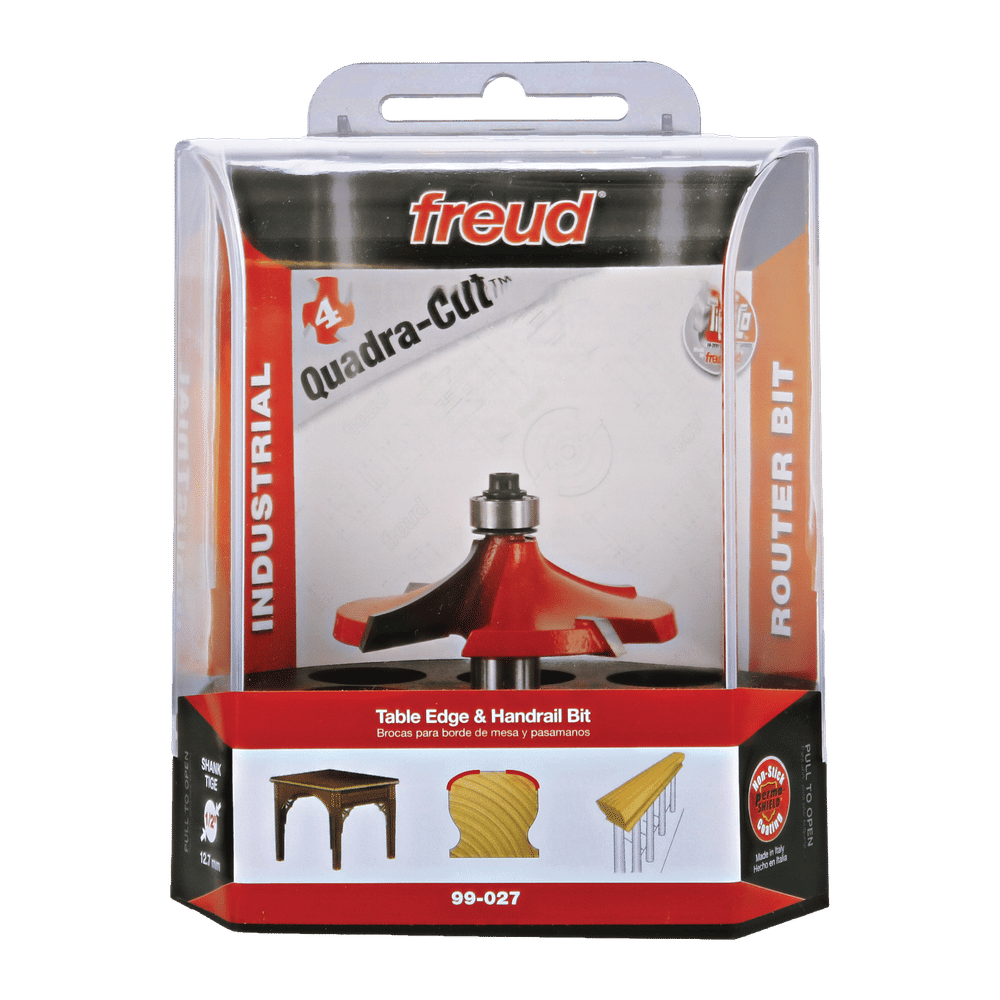 Freud Quadra-Cut router bit with red base and black cutting edges in clear plastic clamshell packaging.