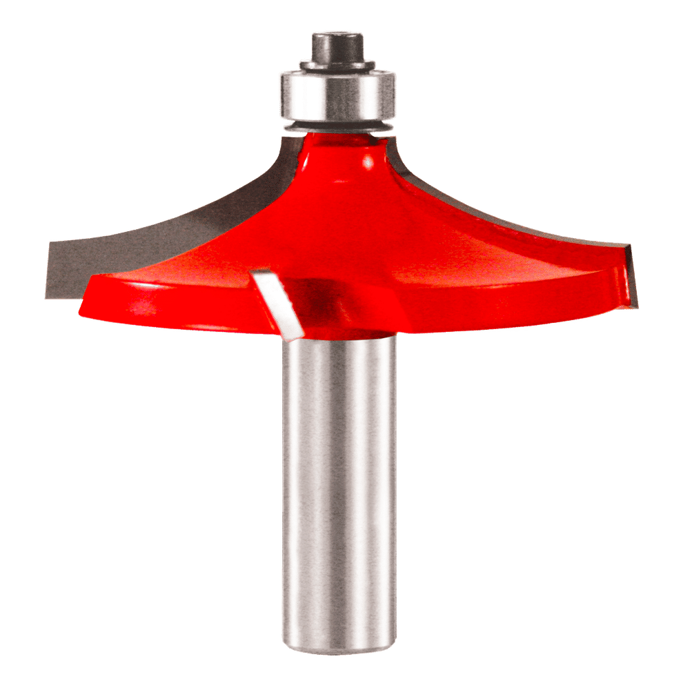Red router bit with metal shaft and bearing, curved cutting edges for edge profiling.