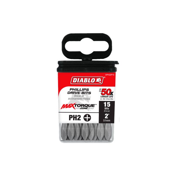 Diablo 2-inch Phillips drive bits, PH2, pack of 15 with black carrying case.
