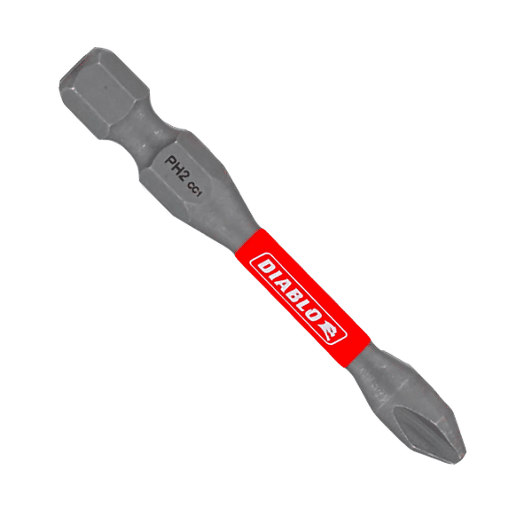 Double-ended Diablo Phillips #2 drive bit with gray steel construction and red Diablo band.