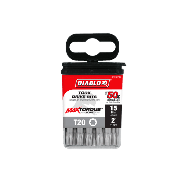 Diablo 15-pack T20 Torx drive bits, 2 inches long, in clear plastic case with black carry handle.