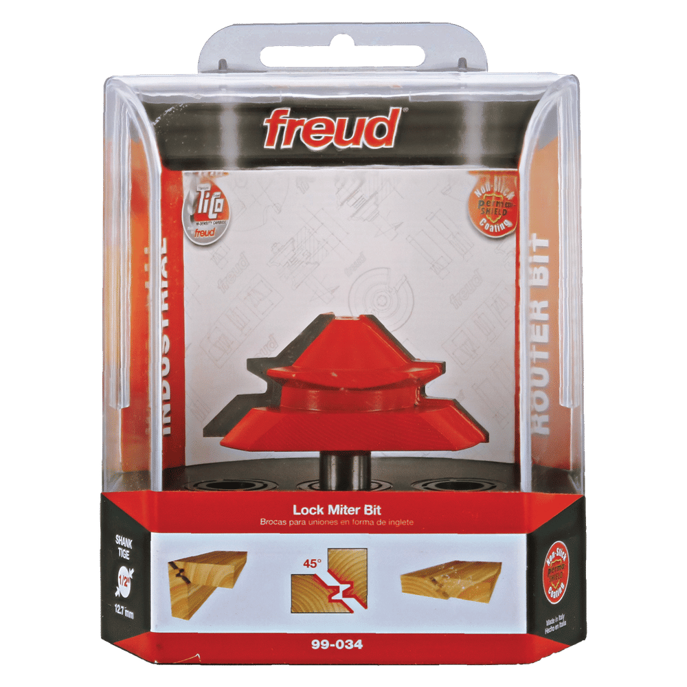 Freud lock miter bit with red cutting head and black shank in clear plastic clamshell packaging showing application examples.