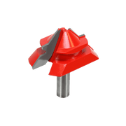 Red lock miter router bit with gray cutting blades and metal shank.
