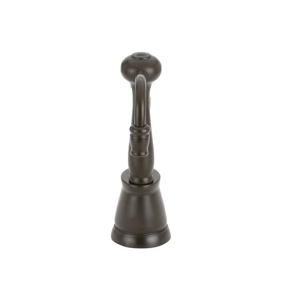 Oil rubbed bronze hot water faucet with antique-style curved spout and round handle.