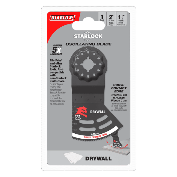 Diablo bi-metal oscillating blade with curved contact edge and circular saw blade attachment on packaging card.