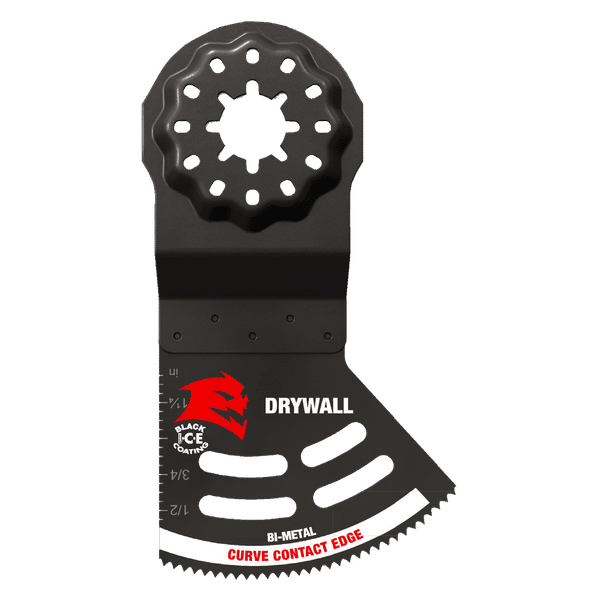 Black Diablo 2 inch bi-metal oscillating blade with circular attachment head and serrated curved cutting edge.