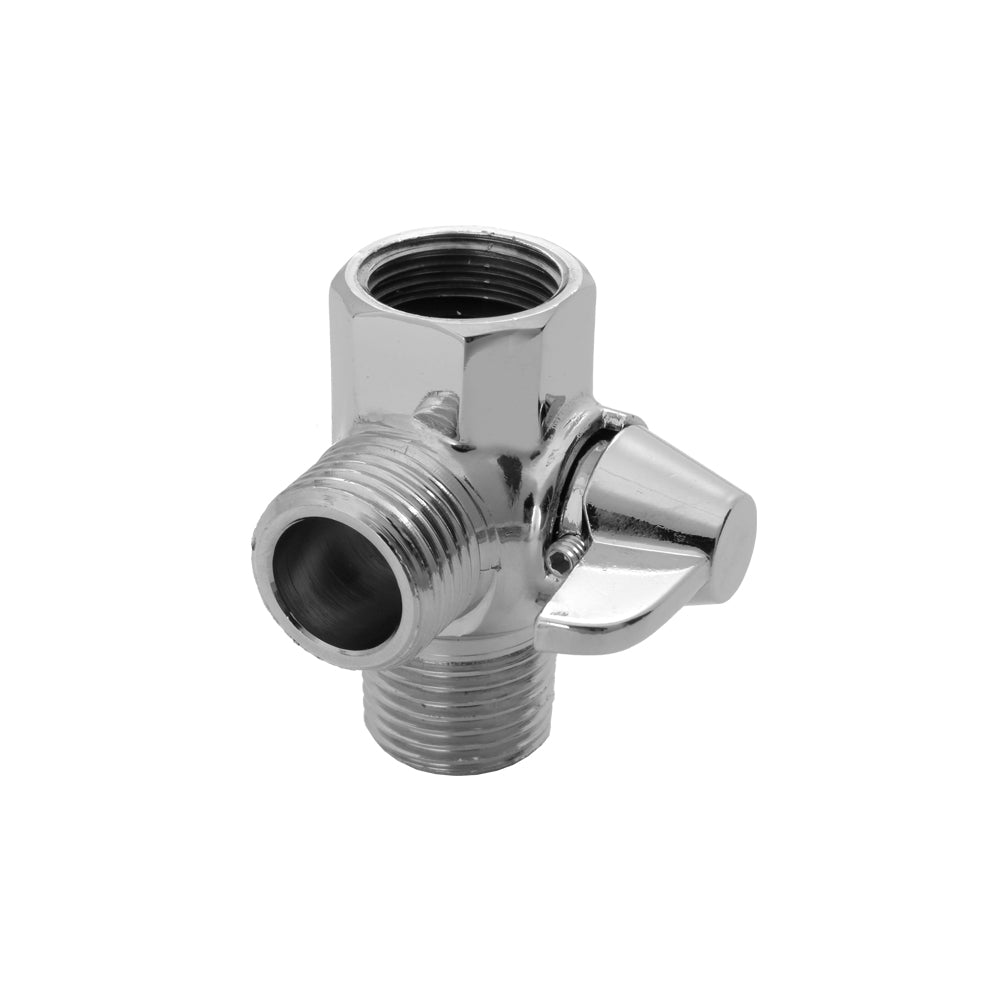 Polished chrome shower diverter valve with threaded inlet, female outlet, and lever handle on side.