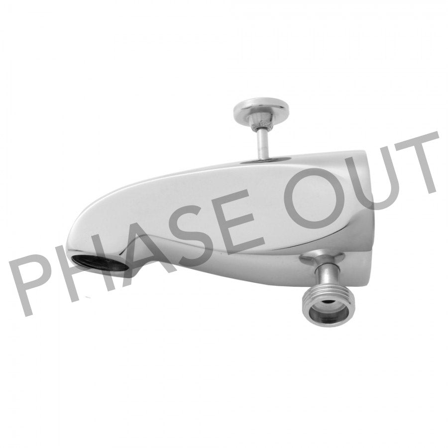 Polished chrome diverter tub spout with lever handle and handshower outlet connection.