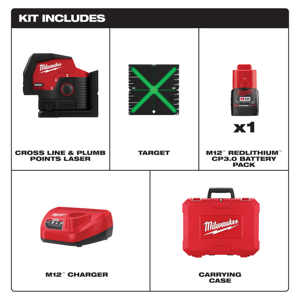 Milwaukee laser kit contents including red and black cross line laser, green target, M12 battery, charger, and red carrying c