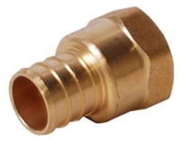 Brass PEX adapter with 3/4" barb inlet and 1/2" female NPT threaded outlet.