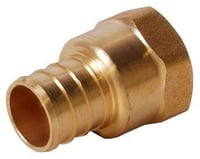 Brass PEX adapter with 3/4" barbed inlet and 1/2" female NPT threaded outlet.