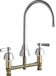 Chrome and brass two-handle gooseneck faucet with lever controls and deck-mount base.