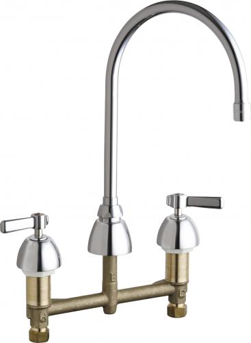 Chrome and brass two-handle gooseneck faucet with lever controls and deck-mount base.