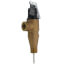 Brass temperature and pressure relief valve with black cap, 3/4 inch connection, mounted vertically.
