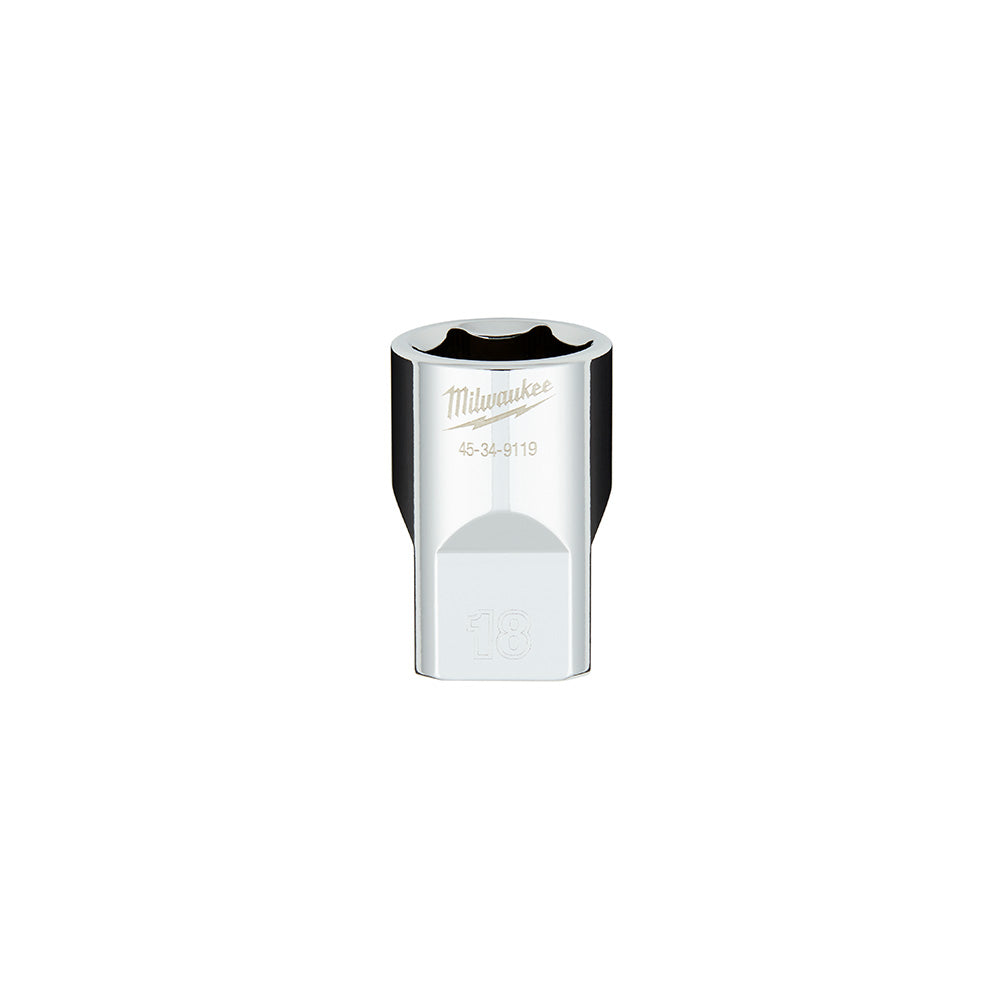 Milwaukee 18MM metric socket with 1/2 inch drive and six-point opening with four flat sides.