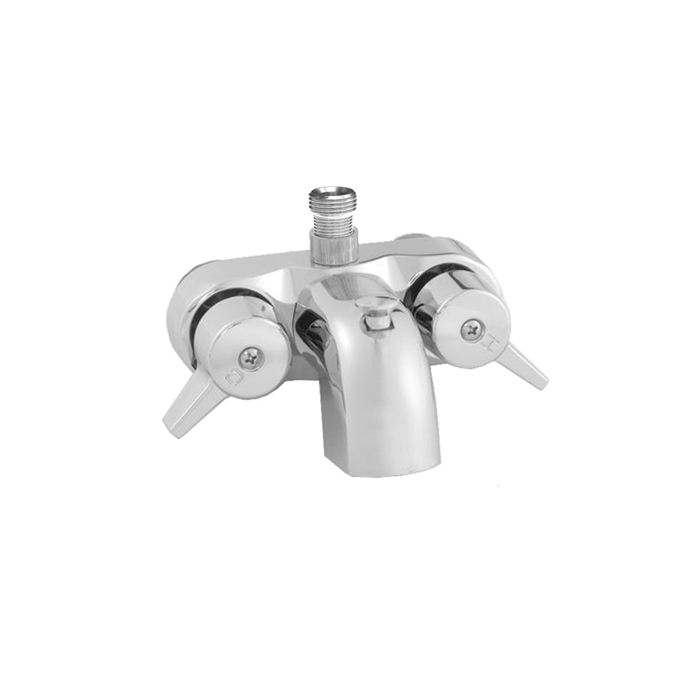 Polished chrome diverter faucet with two lever handles and threaded spout connector for clawfoot tubs.