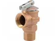 Brass pressure relief valve with 3/4" threaded connections and silver metal lever handle on top.