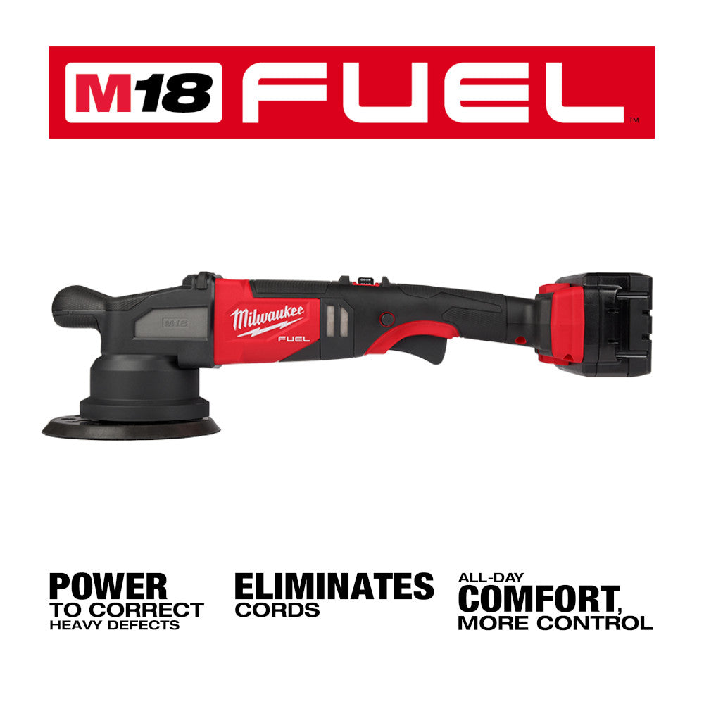 Milwaukee M18 FUEL random orbital polisher with red and black body, circular sanding pad, and battery attachment point visibl