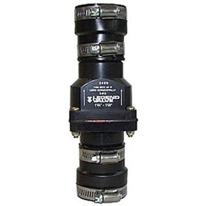 Black 2-inch check valve with metal bands and central control body mounted vertically.