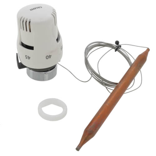 Caleffi thermostatic valve head with white body, control dial, attached capillary tube, wooden probe, and rubber gasket.