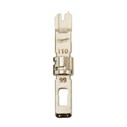 Metal punchdown blade with forked cutting end, marked "110" and "99" on shaft, featuring rotating carrier band in center.