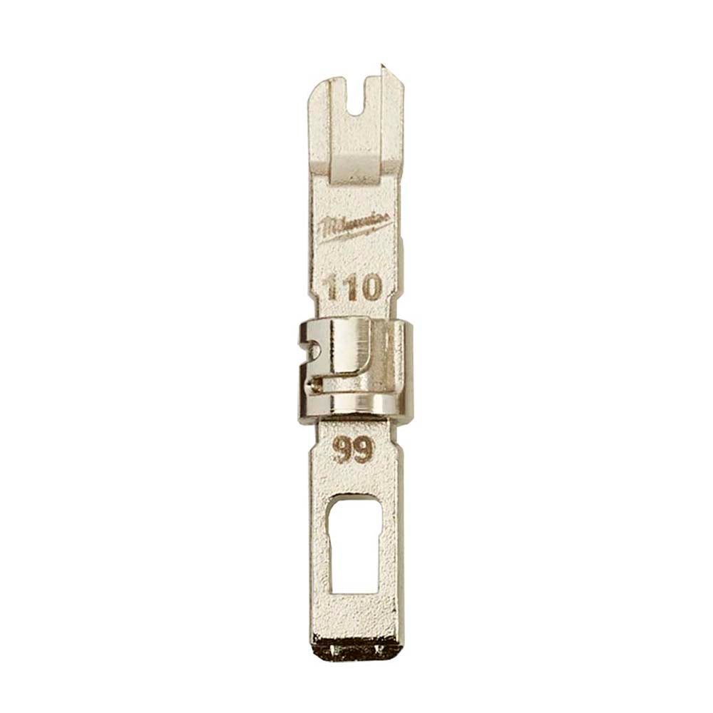 Metal punchdown blade with forked cutting end, marked "110" and "99" on shaft, featuring rotating carrier band in center.
