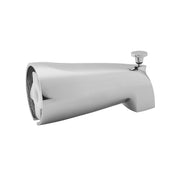 Polished gold brass tub spout with diverter lever and aerator screen.