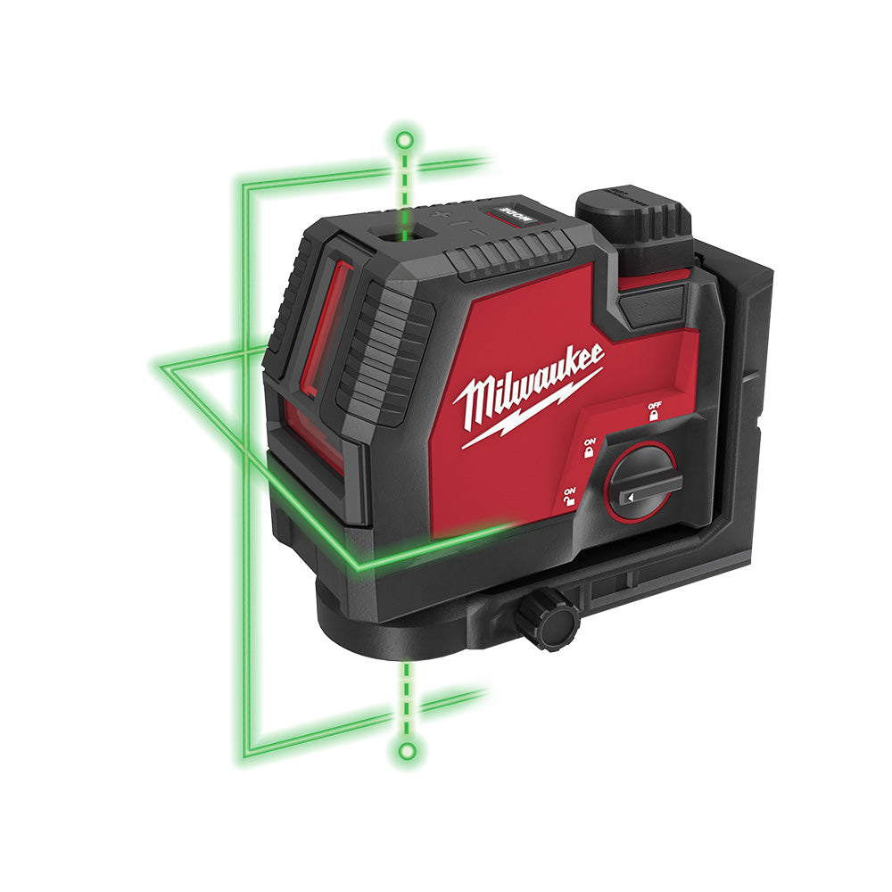 Red and black Milwaukee laser level projecting green cross lines and plumb points on white background.