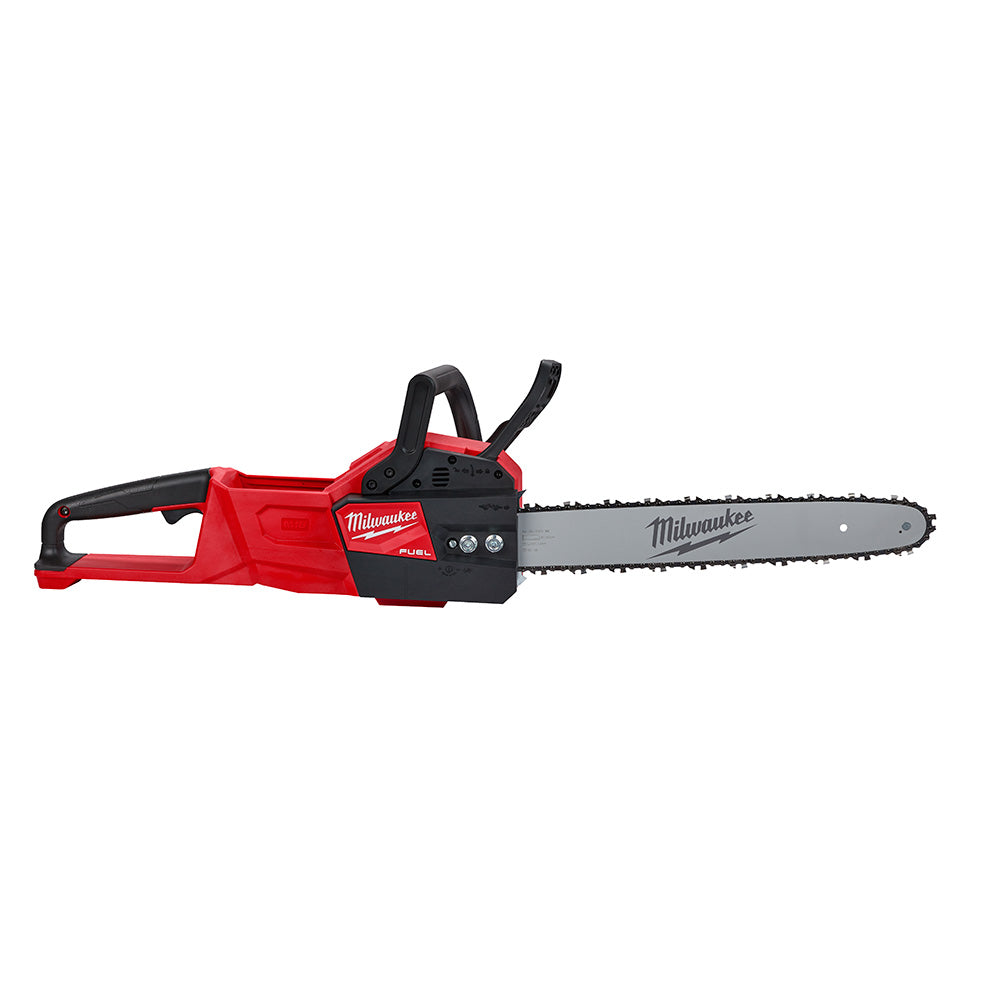 Red and black Milwaukee M18 FUEL cordless chainsaw with 16 inch bar and chain, displayed from the side.