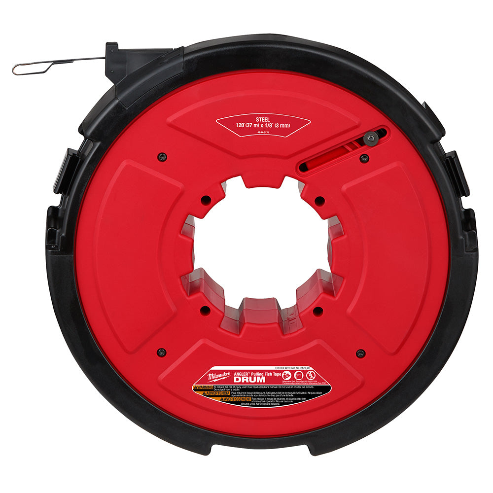 Red and black steel fish tape cartridge reel with 120 feet capacity and 1/8 inch width.