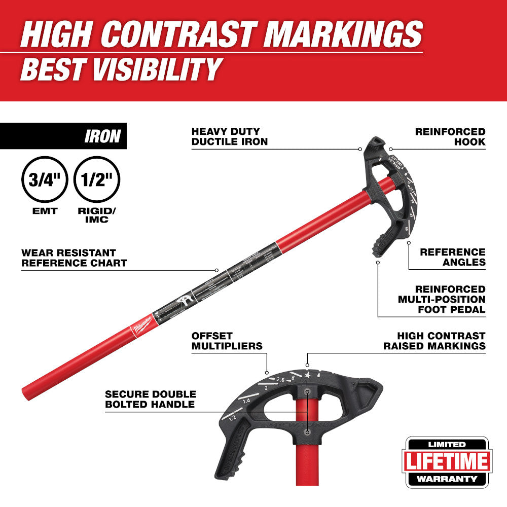 Red and black iron conduit bender with reinforced hook, foot pedal, and offset multipliers for 3/4" and 1/2" conduit.