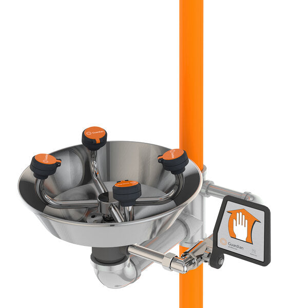 Stainless steel emergency eye wash station with wide basin, multiple orange-capped spray heads, foot pedal activation, and wa