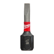 Gray and black Milwaukee Shockwave slotted insert bit with 1/8 inch slot and red band.