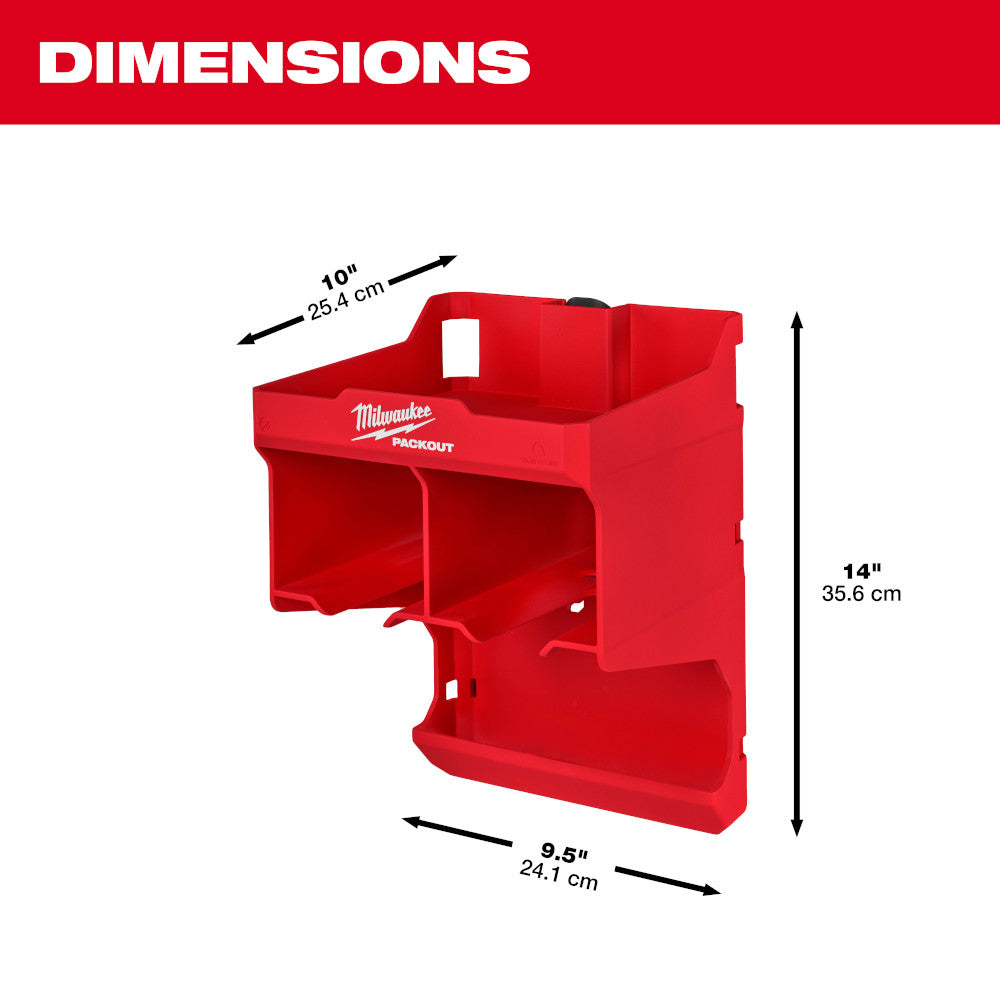 Red plastic tool station with multiple compartments and Milwaukee PACKOUT branding, 10" wide by 9.5" deep by 14" tall.