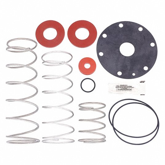 Valve repair kit containing metal springs, red rubber washers, black rubber gasket disc with holes, rubber o-rings, and small
