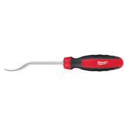 Milwaukee flat hose pick with red and black handle and curved metal tip.