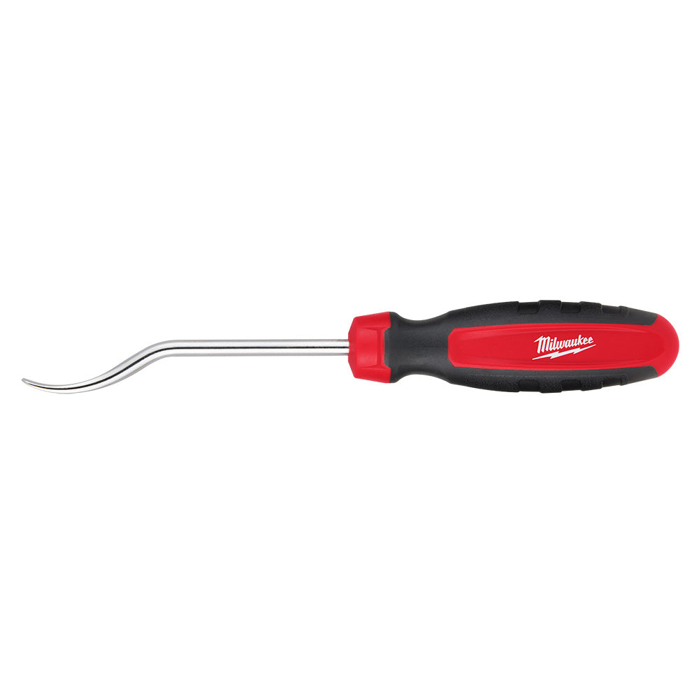Milwaukee flat hose pick with red and black handle and curved metal tip.