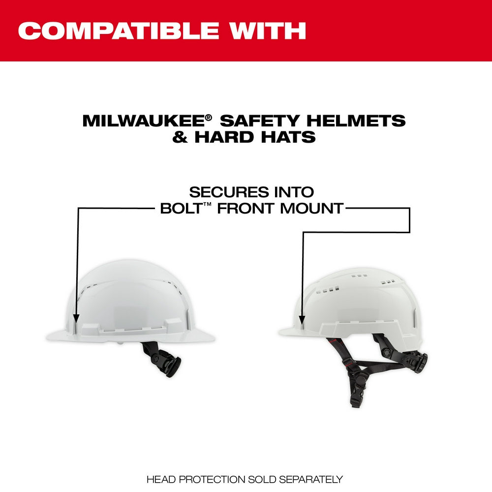 Clear dual coat visor with black mounting bracket compatible with Milwaukee safety helmets and hard hats.