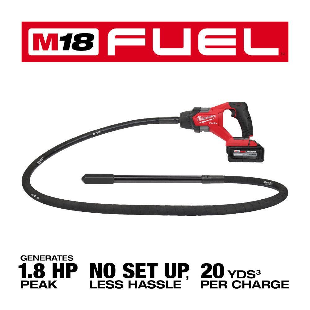Red and black Milwaukee M18 FUEL concrete vibrator with 8-foot flexible hose and battery pack.