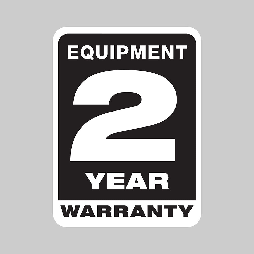 Black and white warranty badge showing "Equipment 2 Year Warranty" text on rounded rectangle label.