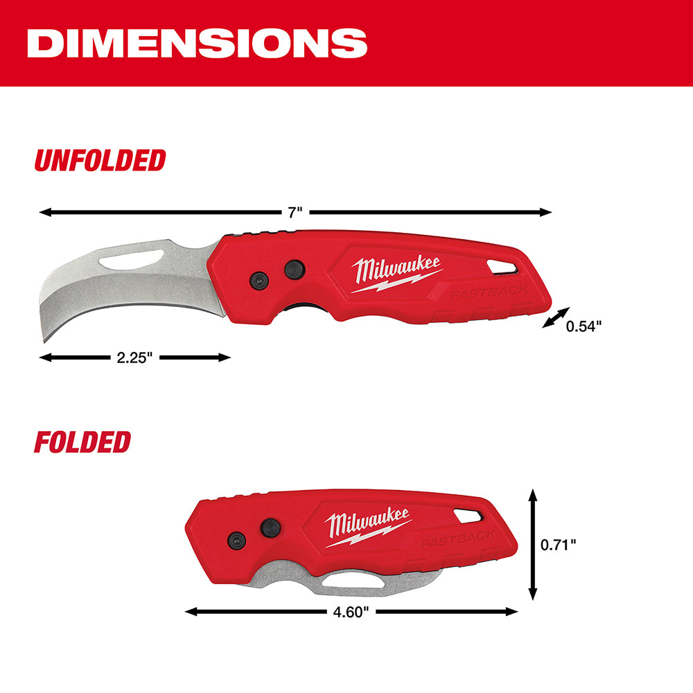 Red Milwaukee FASTBACK folding pocket knife shown unfolded at 7" length and folded at 4.60" length with curved gray blade.