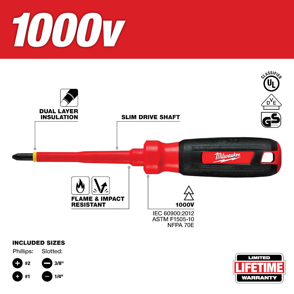 Four insulated screwdrivers with red and black handles featuring Phillips and slotted tips, rated 1000V.