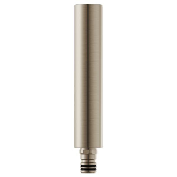 Brushed nickel cylindrical shower column extension with threaded connector base.