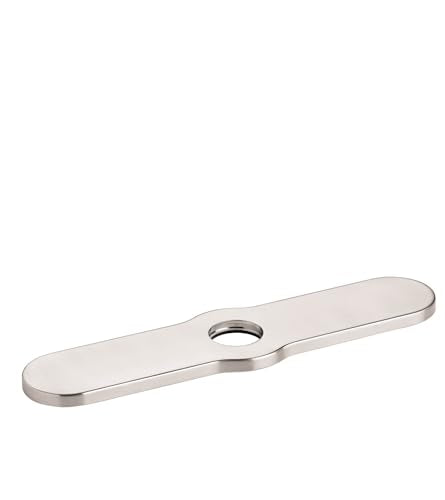 Elongated stainless steel base plate with rounded edges and single center hole for faucet installation.