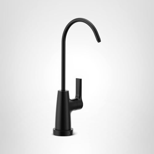 Matte black drinking water faucet with curved spout and single handle lever on cylindrical base.